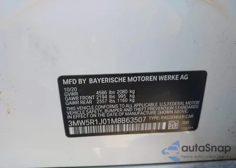 2021 BMW 330I из США, поврежденный, VIN 3MW5R1J01M8B63507